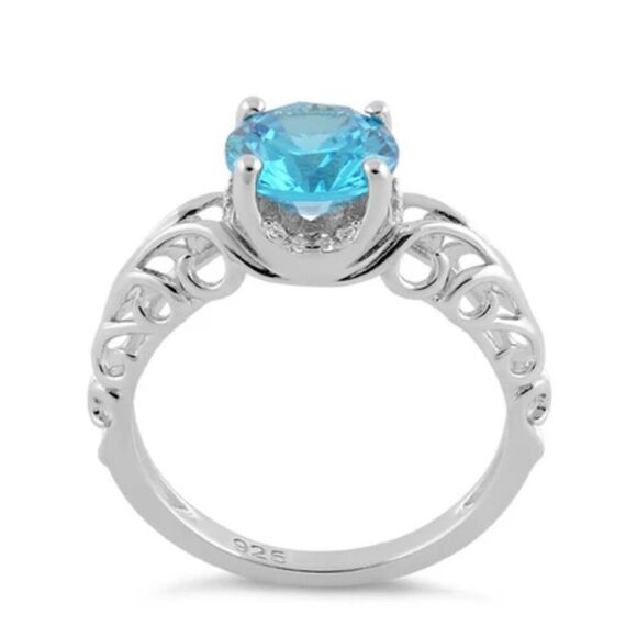 Sterling Silver Swirl Design Aquamarine and White Topaz CZ Ring New - Picture 3 of 4